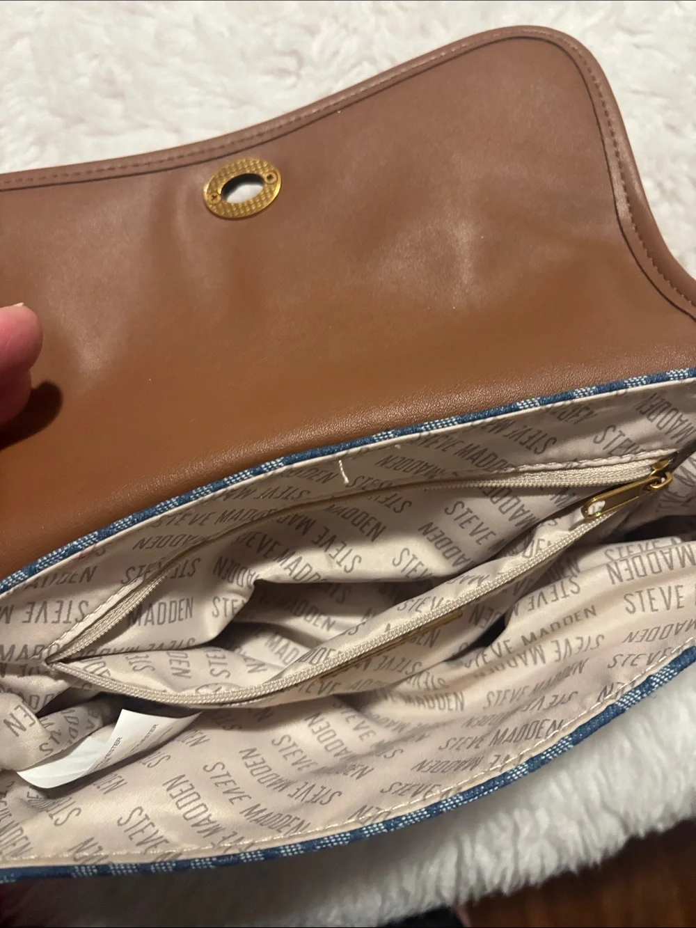 Steve Madden Blue Logo Denim Crossbody with Tan Trim and Orange Charm
